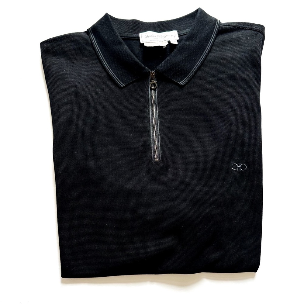 Salvatore Ferragamo Black Cotton Pique Logo Polo Shirt with Logo 3/4 Zipper XXL - Picture 5 of 13
